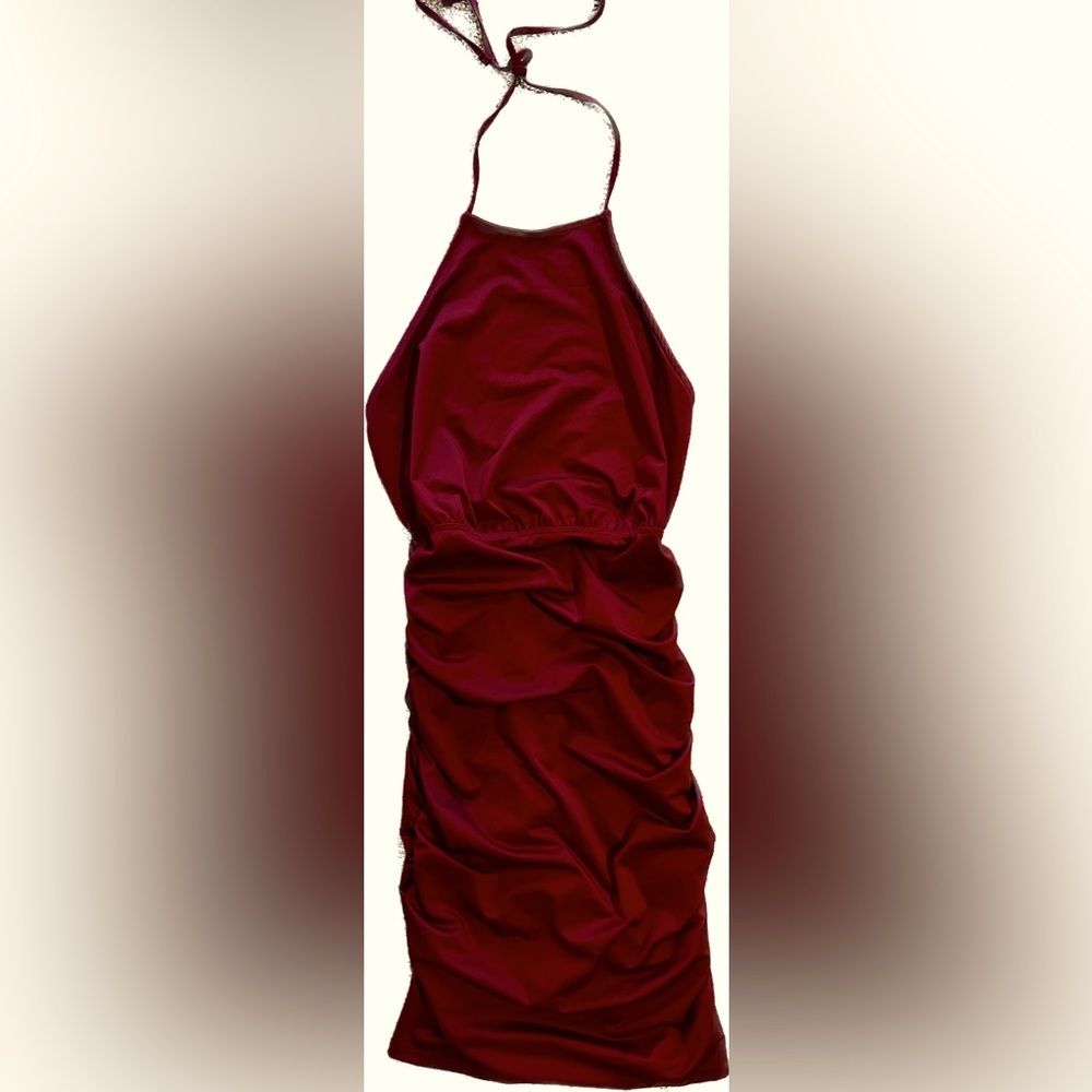 Small Olia Maroon Red Ruched Backless Halter Mini Dress
